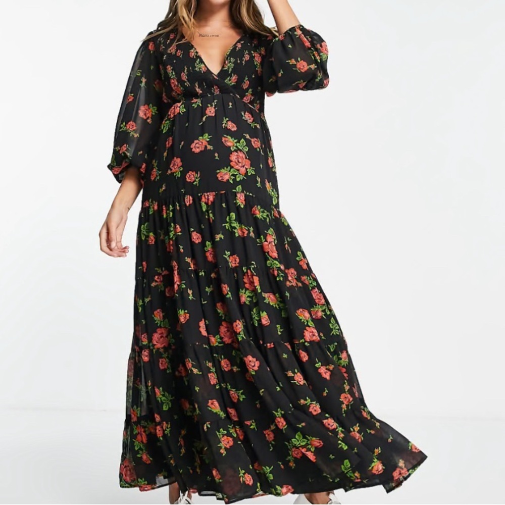 ASOS DESIGN Maternity shirred wrap tiered skirt maxi dress in black rose print